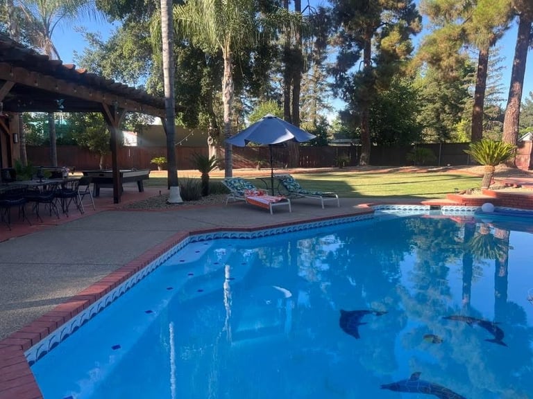 Backyard swimming pool with red brick deck, lounge chairs under blue umbrella, wooden structures, and tall trees in sunny setting