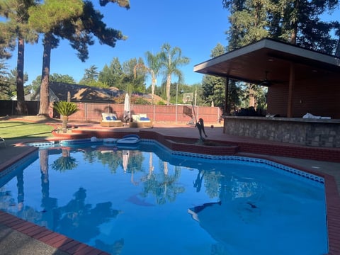 Backyard swimming pool with bright blue water, brick patio, covered pavilion, palm trees, and red brick fence under clear blue sky