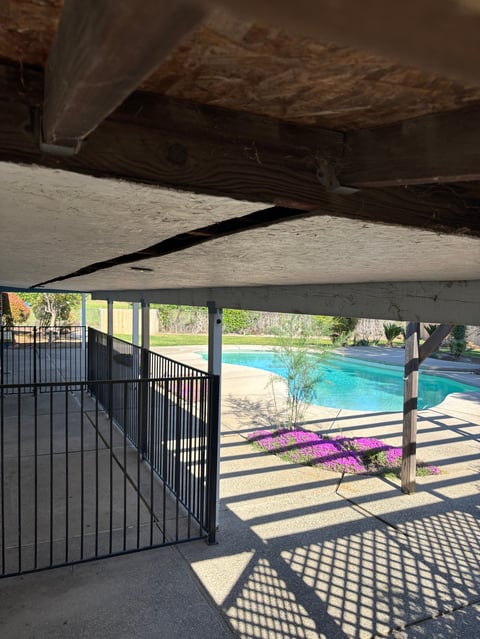 View from under a covered pavilion looking out at a swimming pool with pink flowers and sunny poolside area