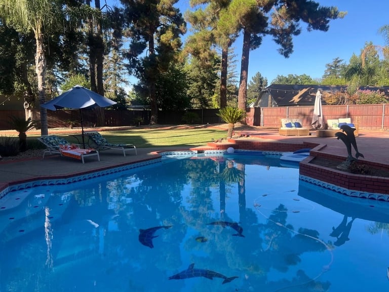 A residential swimming pool with clear blue water, lounge chairs, umbrella, and brick patio surrounded by trees and fencing